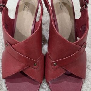 Clarks Collection Women's Red Leather Slingback Cork Wedge Heels 8.5M
